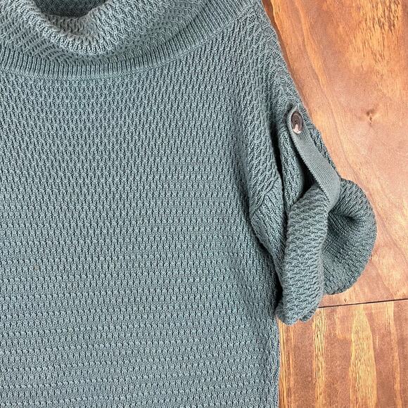 Ann Taylor Womens Sweater Green Cowl Neck Tunic Waffle Knit Roll Tab Oversized M - Picture 5 of 12